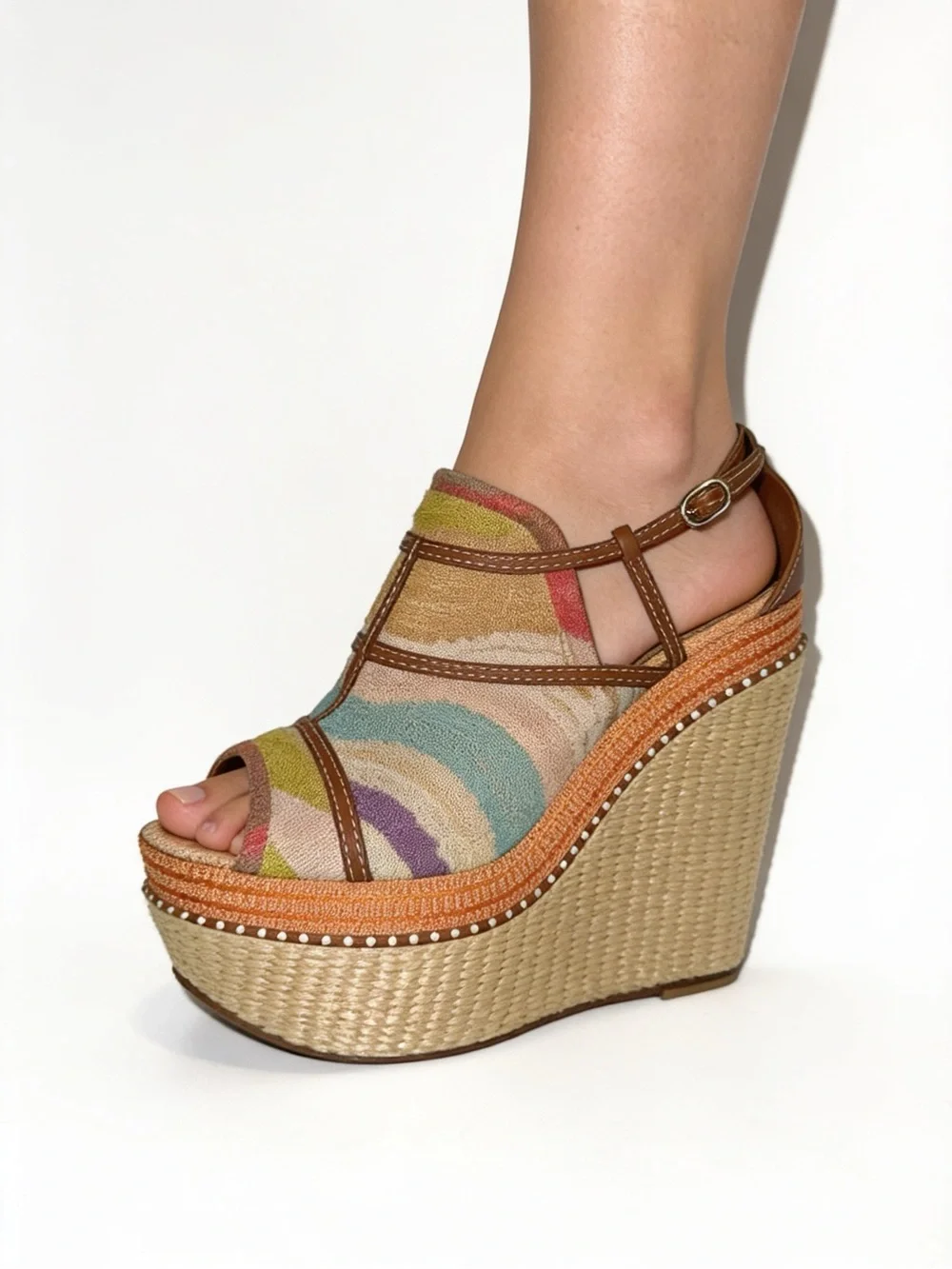 MISSONI 70s style 6” striped fabric leather raffia platform wedge boho sandals